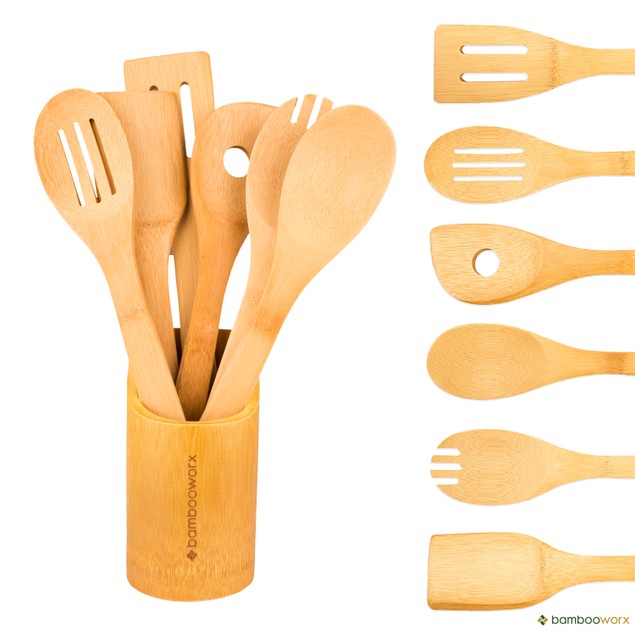BambooWorx Cooking Utensils Set, 6 Pieces + Holder, All Natural Bamboo