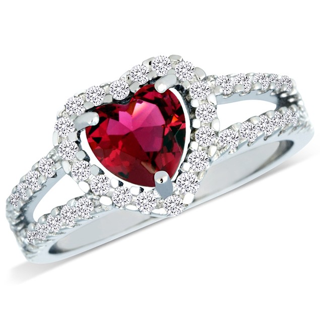 Sterling Silver Simulated Ruby Diamond Heart Shaped Ring - Tanga