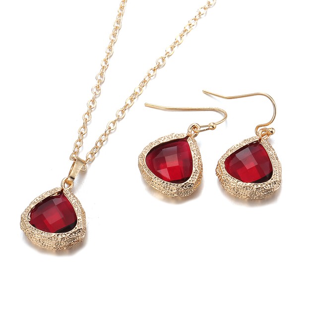 Gold Plated Modern Ruby Necklace & Earrings Set BelleChic Gold Plated Modern Ruby Necklace & Earrings Set BelleChic